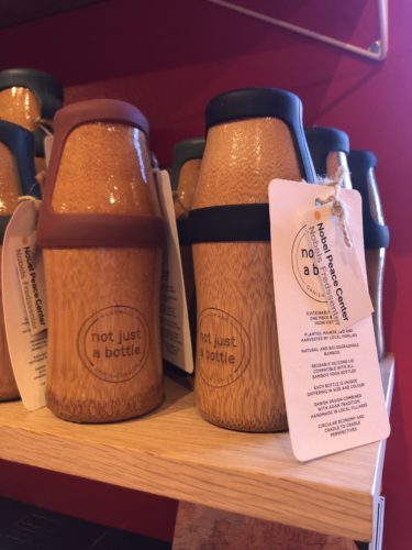 Reusable drinking bottles made from bamboo at Nobel Peace Center Oslo's Green Gift Shop
